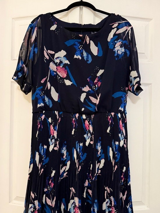 Dkny Dresses & Skirts - DKNY Navy Floral Pleated Midi Dress with Blue and Pink Accents